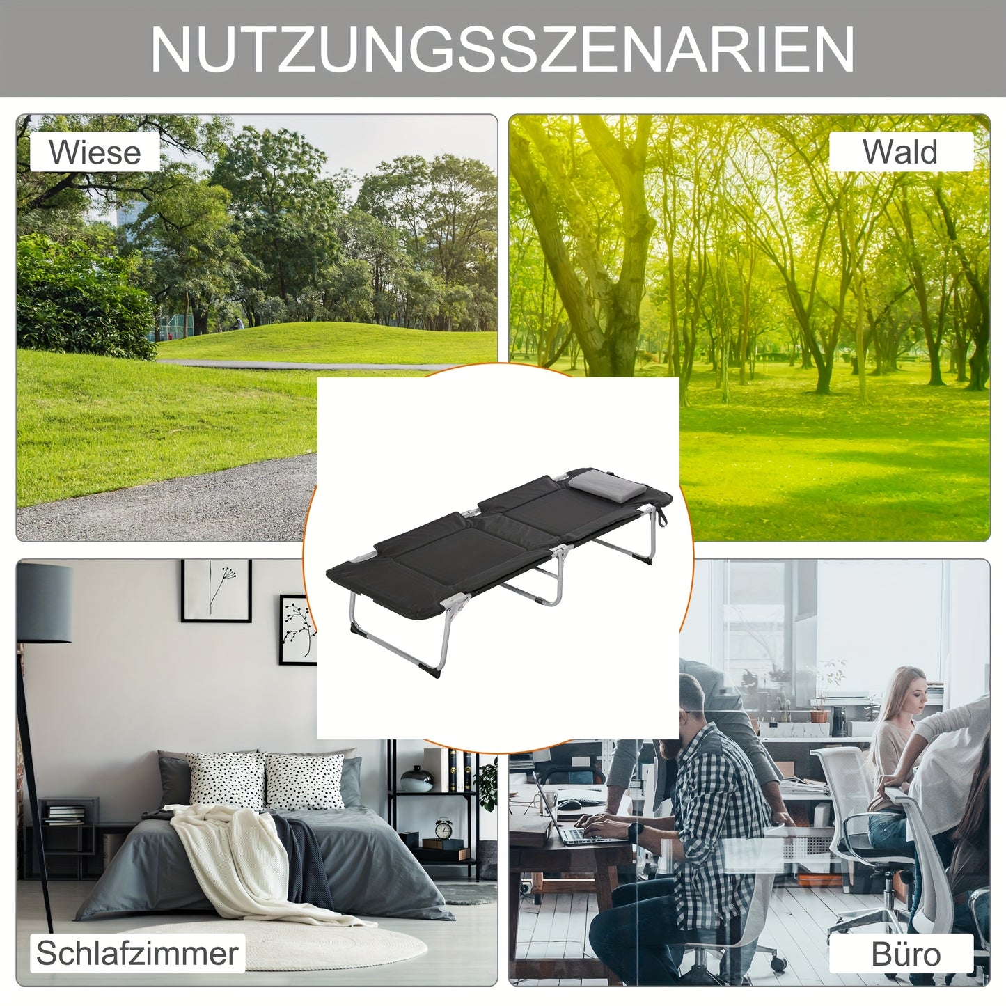 Campingbed – Reisbed – Buitenbed – Inklapbaar – Ligbed – Lichtgewicht – Met Kussen – Met Stevig Metalen Frame – 183x66x33 cm – Zwart/Zilveren Design