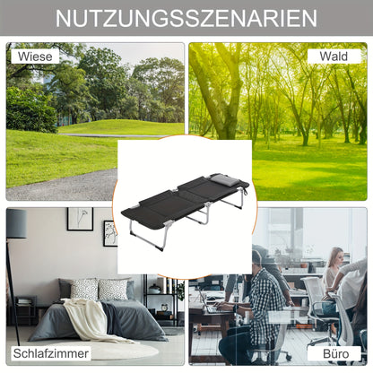 Campingbed – Reisbed – Buitenbed – Inklapbaar – Ligbed – Lichtgewicht – Met Kussen – Met Stevig Metalen Frame – 183x66x33 cm – Zwart/Zilveren Design