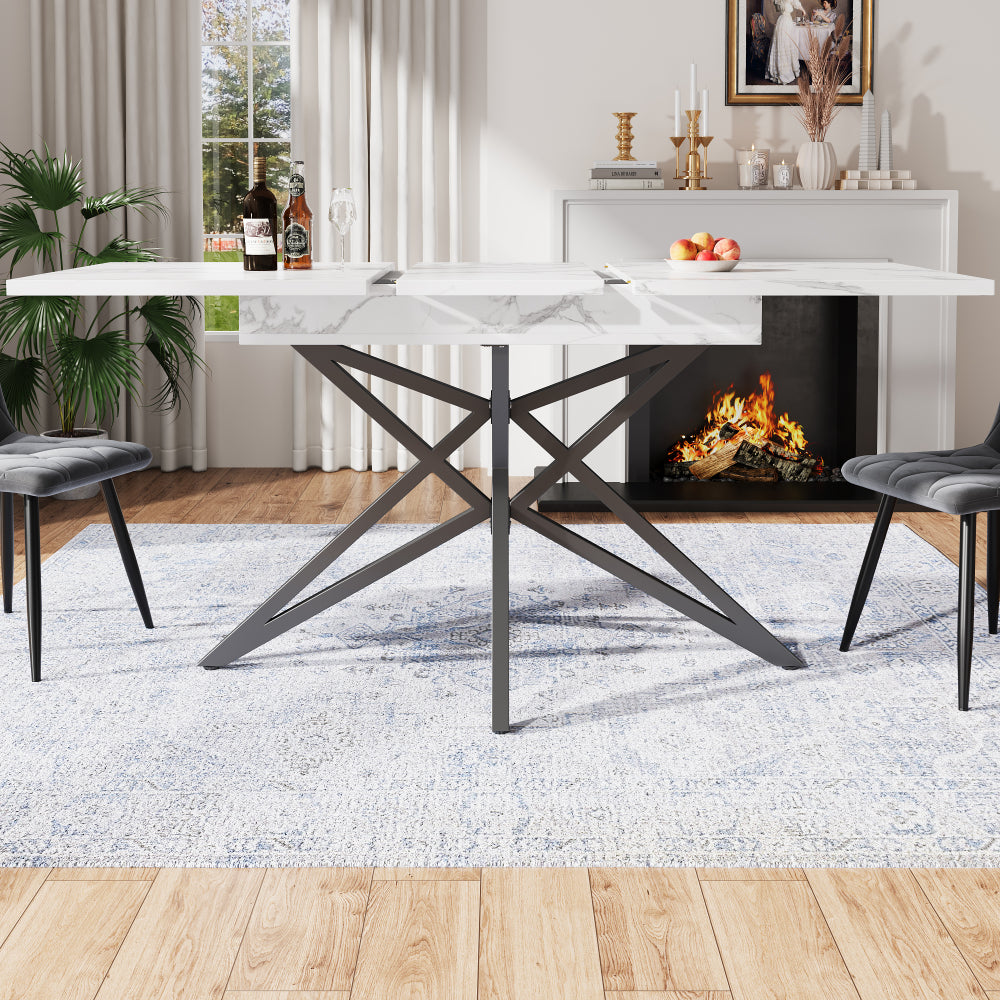 Uitklapbare Eettafel – Uitschuifbare Keukentafel – Verlengbare Tafel – Moderne Eetkamertafel – Ruimtebesparend – Wit Marmerlook Blad – 120-160 cm – Eenvoudige Montage