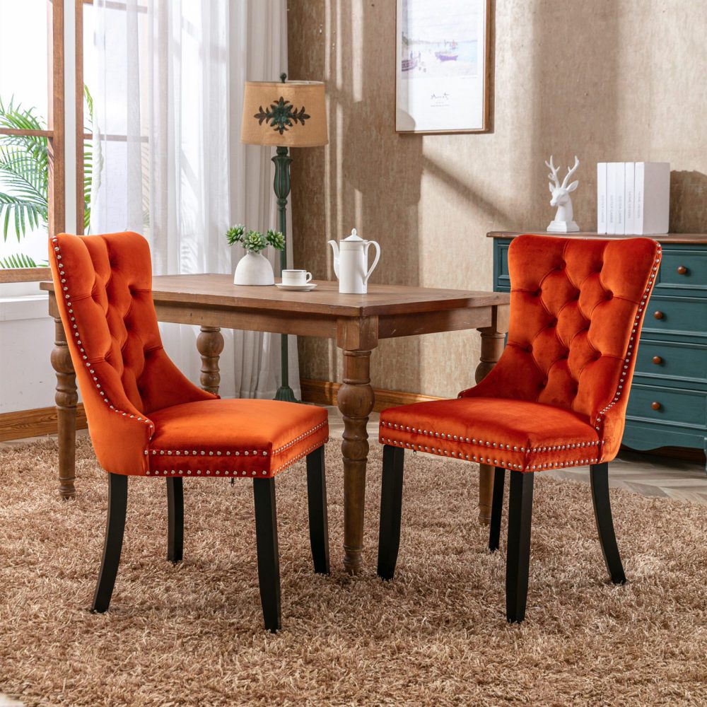 Set van 2 Eetkamerstoelen – Stoelen – Kuipstoelen – Velours Stoelen – Luxe Stoelen – Donker Oranje Velvet – Gefigureerde Rugleuning – Gemakkelijk Schoon Te Maken