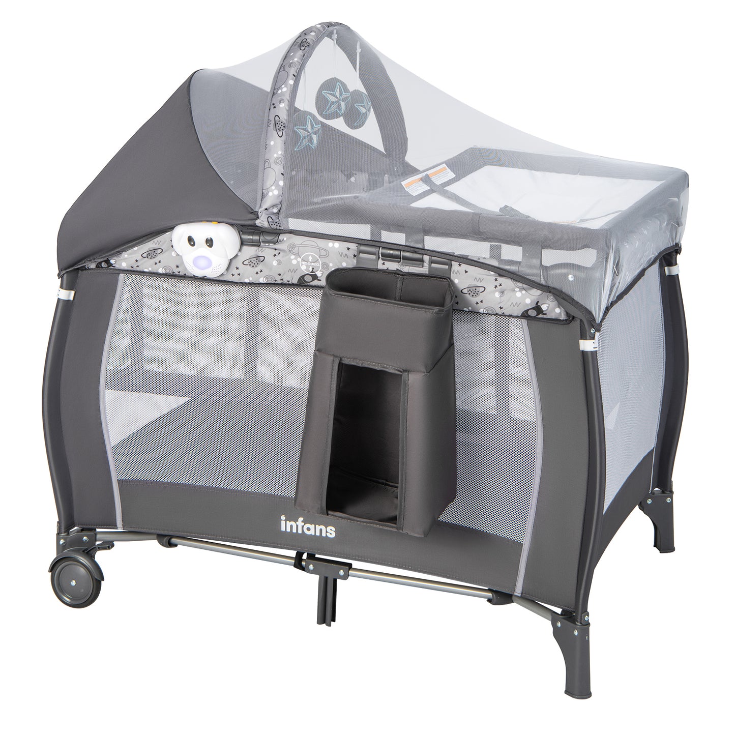 Boxspringbedje – Reisbedje – Kinderbed – Speelplek – Commode – Opvouwbaar – Met Wieltjes – Met Muziekdoos – Grijs