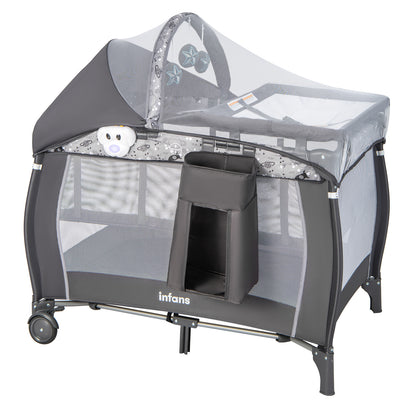 Boxspringbedje – Reisbedje – Kinderbed – Speelplek – Commode – Opvouwbaar – Met Wieltjes – Met Muziekdoos – Grijs
