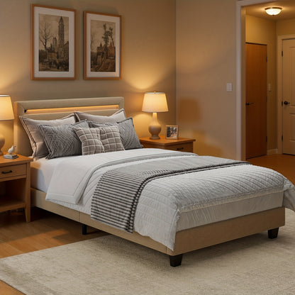 Bedframe – Gestoffeerd Bed – Eenpersoonsbed – Tweepersoonsbed – Boxspringbed – Modern Ontwerp – 90x200 cm – Gevoerd Hoofdbord – Stevig & Eenvoudig Montage