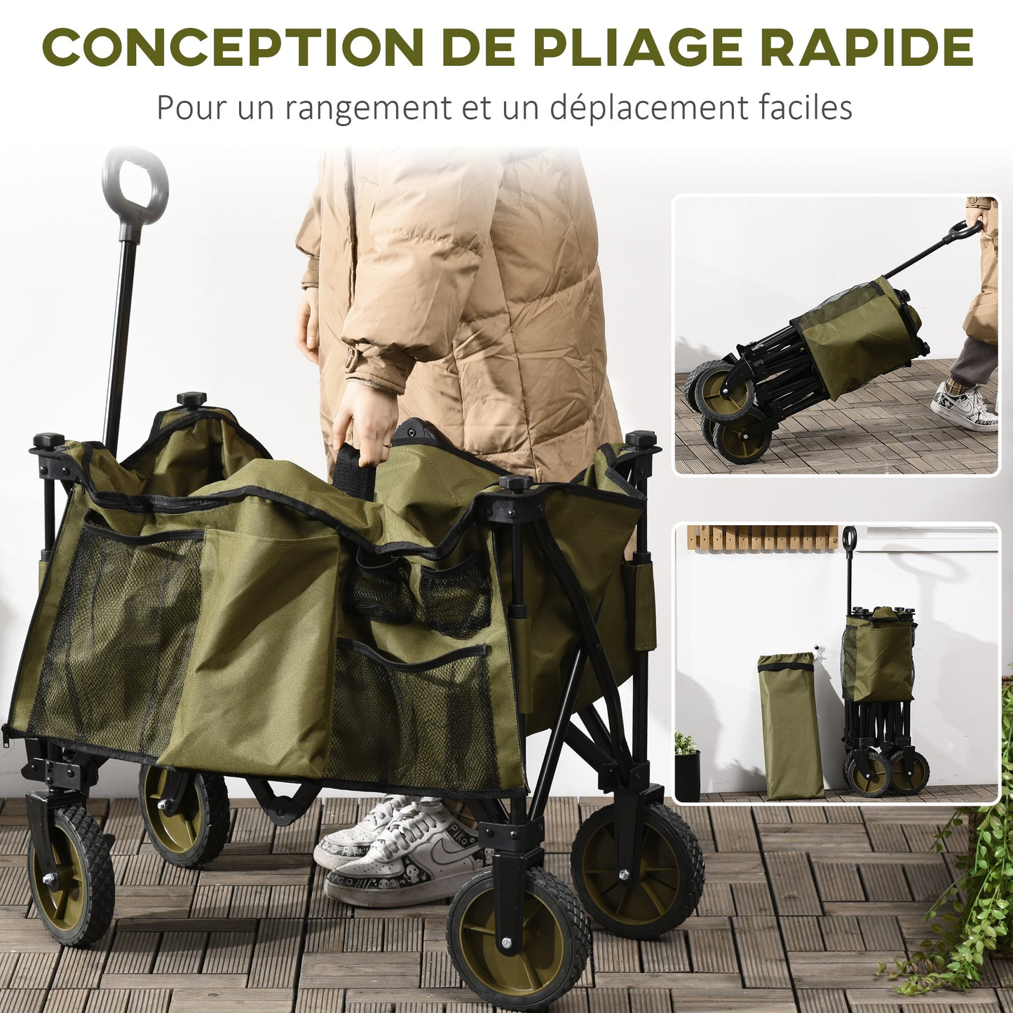 Strandkar – Bolderkar – Transportkar – Bolderwagen – Trekkar – Opvouwbaar – Verstelbare Telescopische Duwstang – 125L Inhoud – 100 kg Draagvermogen – Groen