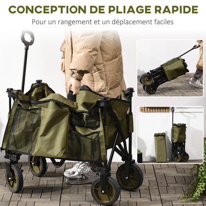 Inklapbaar Transportkarretje – Vouwkar – Boodschappenwagen – Strandwagen – Trolley – Telescopische Duwstang – 125 Liter Opbergruimte – Stevig Staalframe – Groen