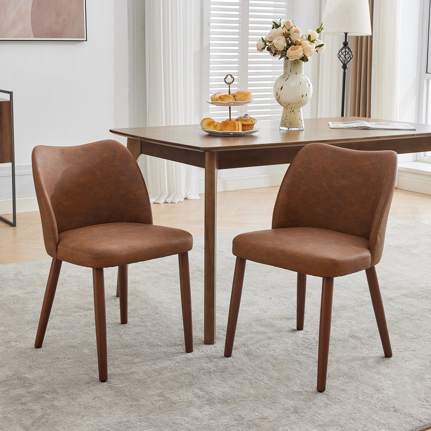 Set of 2 Dining Chairs | Brown Hardwood Kitchen Chairs with Leveling Feet for Dining Room Living Room, Modern Style, Wipe Clean Care