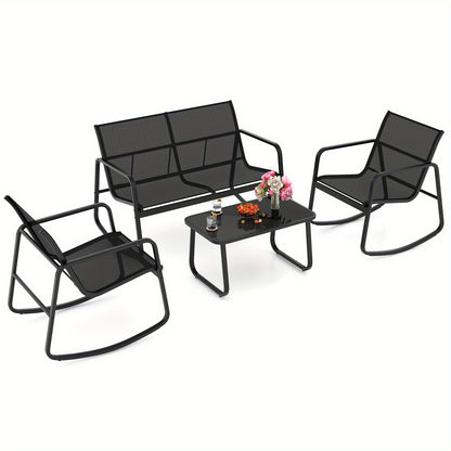 Tuinset – Tuinmeubelen – Zitgroep – Loungeset – Bistroset – Met Metalen Frame – Temperglas Tafelblad – 4 Persoons – Schommelstoelen