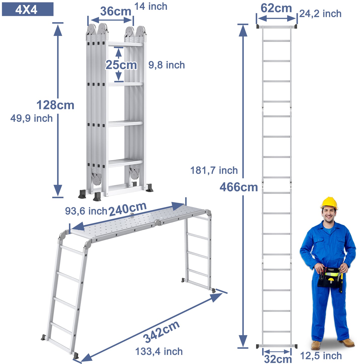6-in-1 Vouwladder – Multifunctionele Ladder – Steekladder – Werksteiger – Opklapbare Ladder – Aluminium Constructie – Max 4 Meter Hoogte