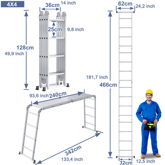6-in-1 Vouwladder – Multifunctionele Ladder – Steekladder – Werksteiger – Opklapbare Ladder – Aluminium Constructie – Max 4 Meter Hoogte