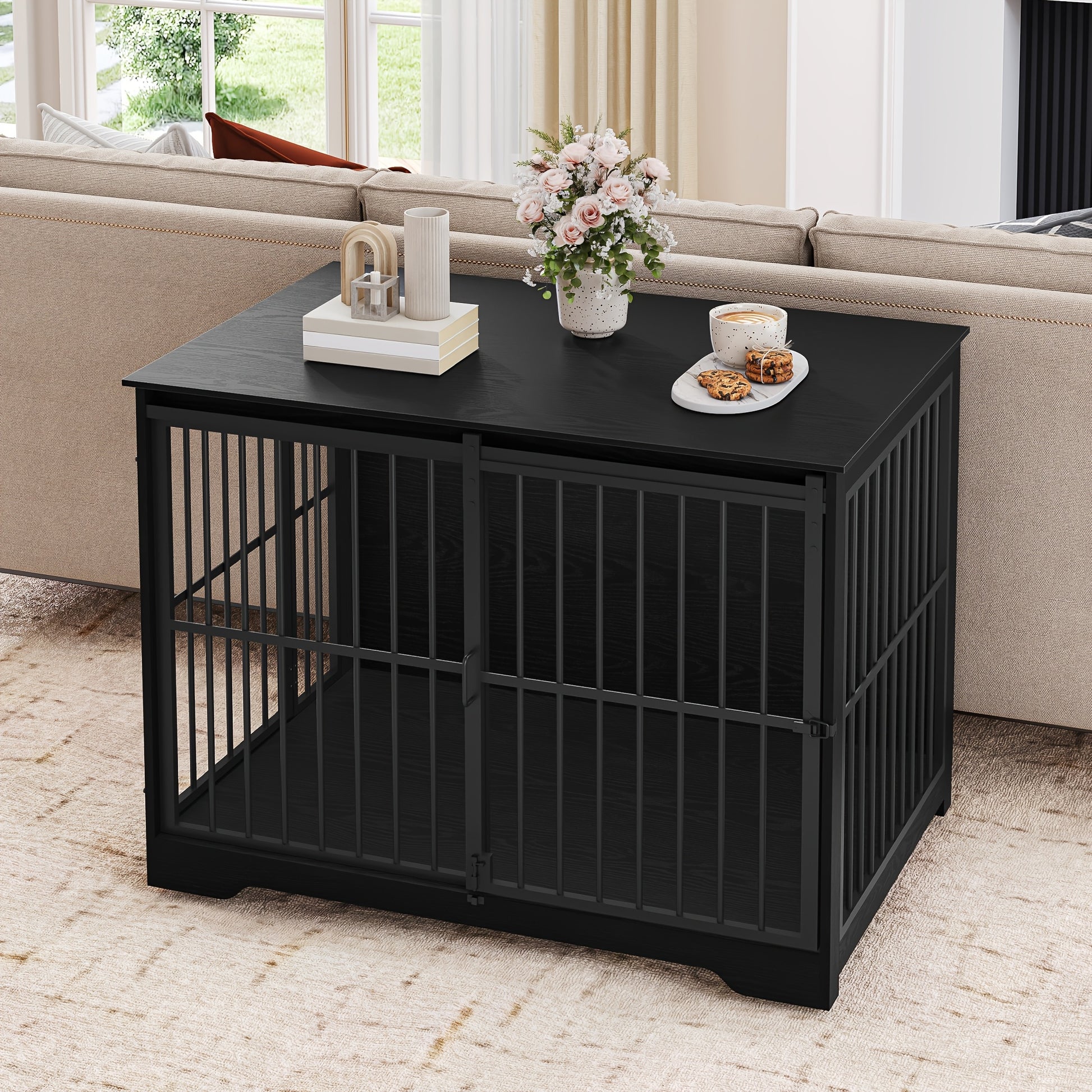 Hondenkennel – Hondenhok – Hondenbench – Hondenkooi – Binnenkennel – Met 2 Schuifdeuren – Geschikt Voor Honden Tot 100 Kg – Stevig Met Hout en Metaal – Modern Design 65x110x81 cm - QUORE