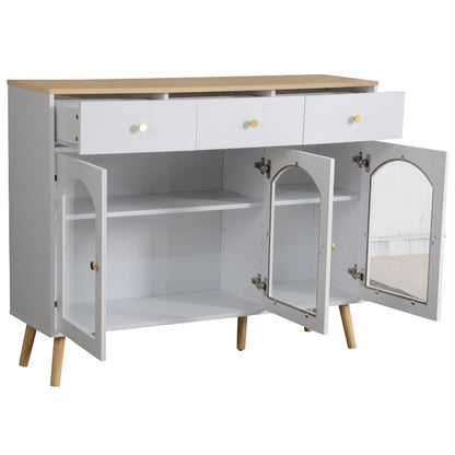 Wit metalen dressoir – buffetkast – opbergkast – keukenkast – vitrinekast – 3 lades & 3 gebogen glazen deuren – stevig metaal met brede opbergruimte