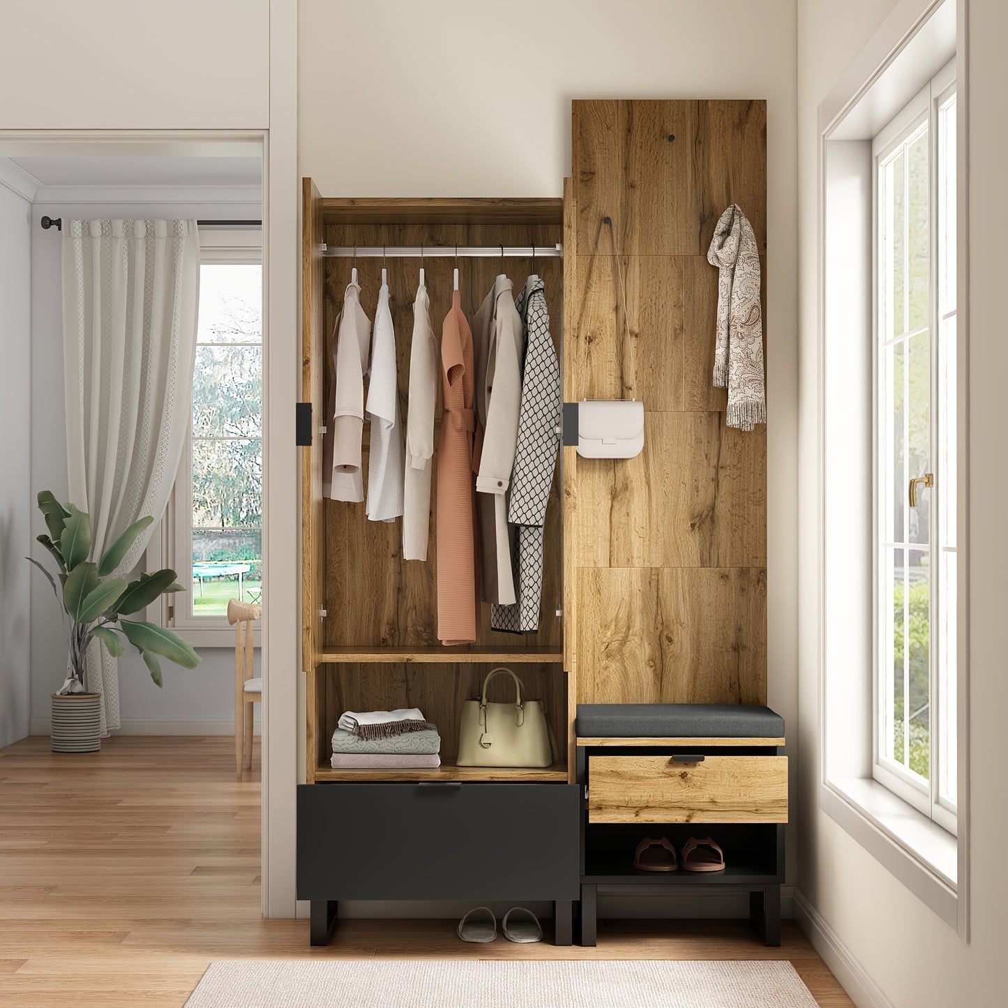 Kledingkast – Houten Kast – Vrijstaande Opbergkast – Schoenenkast – Garderobekast – Compact Design – Massief Hout Met Schoenenbank En Kussens