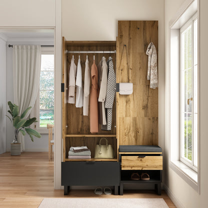 Kledingkast – Houten Kast – Vrijstaande Opbergkast – Schoenenkast – Garderobekast – Compact Design – Massief Hout Met Schoenenbank En Kussens