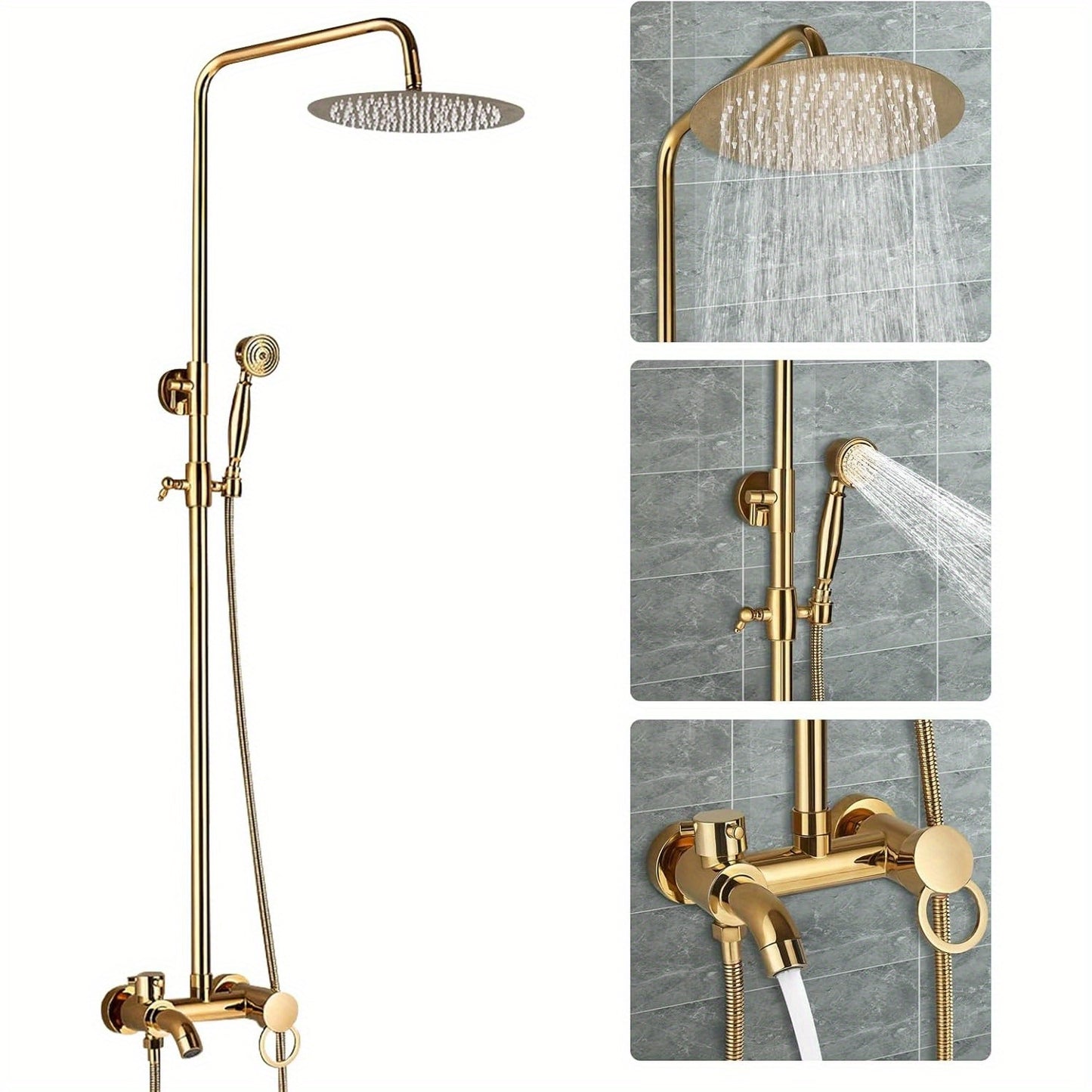 Doucheset – Douchekraan – Douchekop – Douchearm – Wandgemonteerd – Geborsteld Messing – Instelbare Hoogte 80-120 cm
