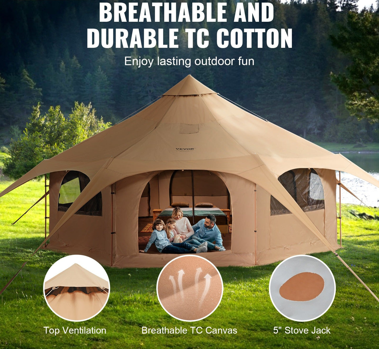 Belltent – Canvas Tent – Tipitent – Kampeertent – Yurt Tent – 5 Meter Diameter – Ademend TC Canvas – Inclusief Kachelaansluiting