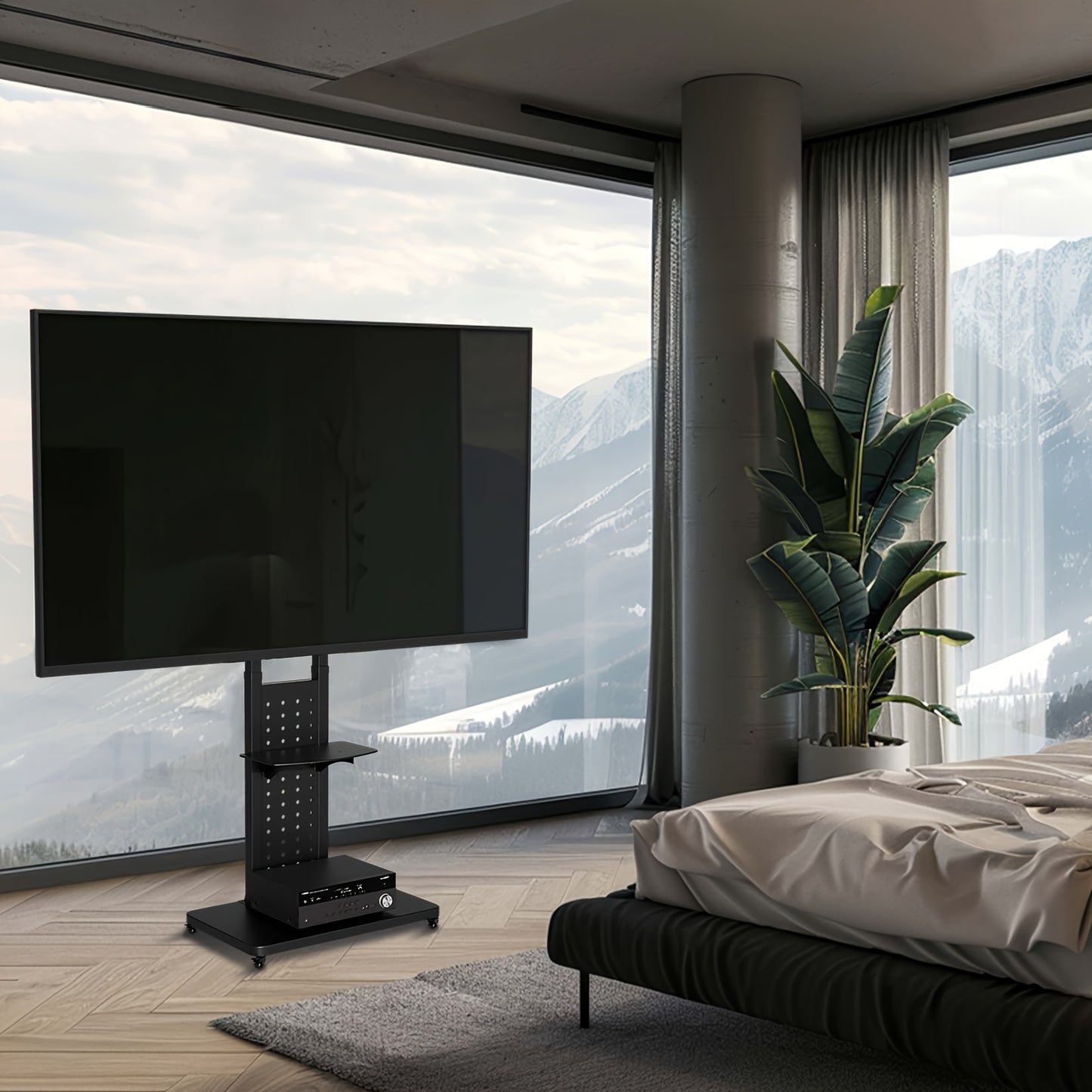 Verstelbare TV-Standaard – Voor 81-165 cm Schermen, Zwart – Stevig Metalen Vloermontage met Draaifunctie, Hoogteverstelling en Wieltjes