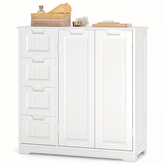 Badkamerkast – Badkamermeubel – Opbergkast – Kolomkast – Wastafelonderkast – Wit Hout – 2 Deuren 4 Laden – 68,5 cm Hoog – 90 Liter Inhoud – Bloemmotief – Vrijstaand