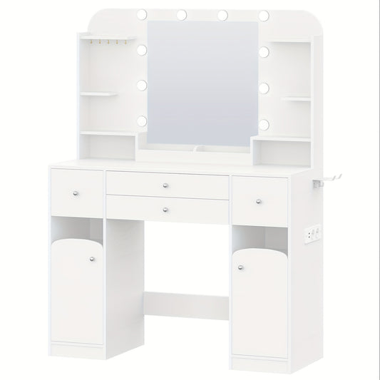Make-up Tafel – Kaptafel – Schminktafel – Make-up Bureau – Make-up Organizer – LED Verlichting – Haardrogerhouder – 108 cm Breed – 2 Lades en 2 Kasten – Wit