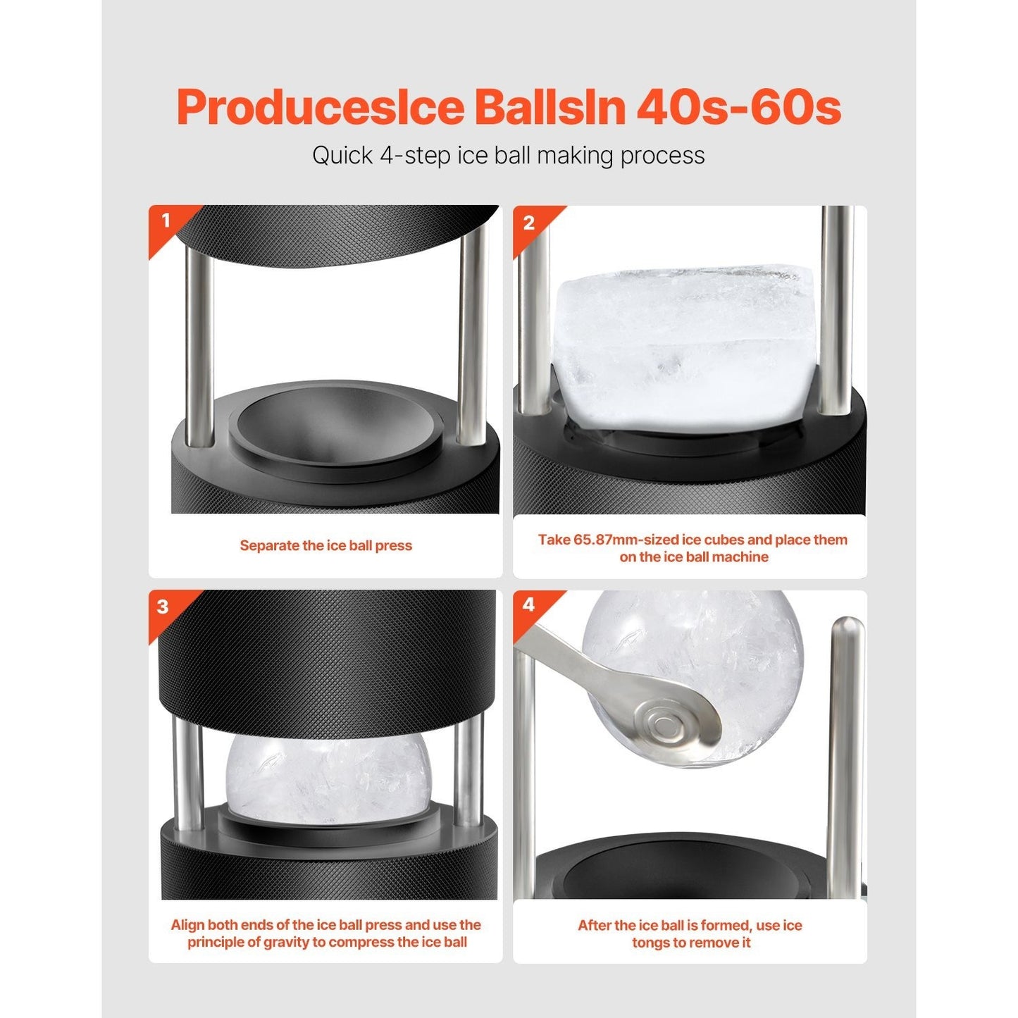 Ijsklontjespers – IJsbalpers – IJsbalmaker – Ijsballenmaker – IJsballenpers – Aluminium – 60 mm grote heldere ijsballen – Antislip en duurzaam – Zwart