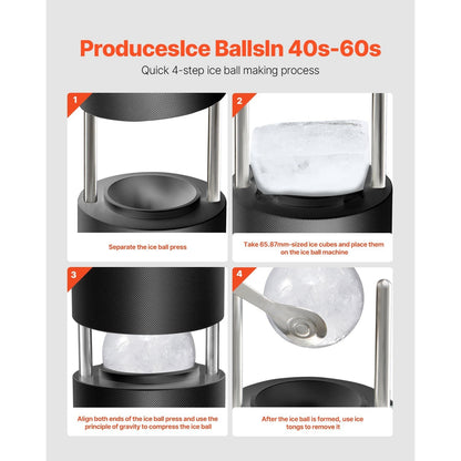 Ijsklontjespers – IJsbalpers – IJsbalmaker – Ijsballenmaker – IJsballenpers – Aluminium – 60 mm grote heldere ijsballen – Antislip en duurzaam – Zwart