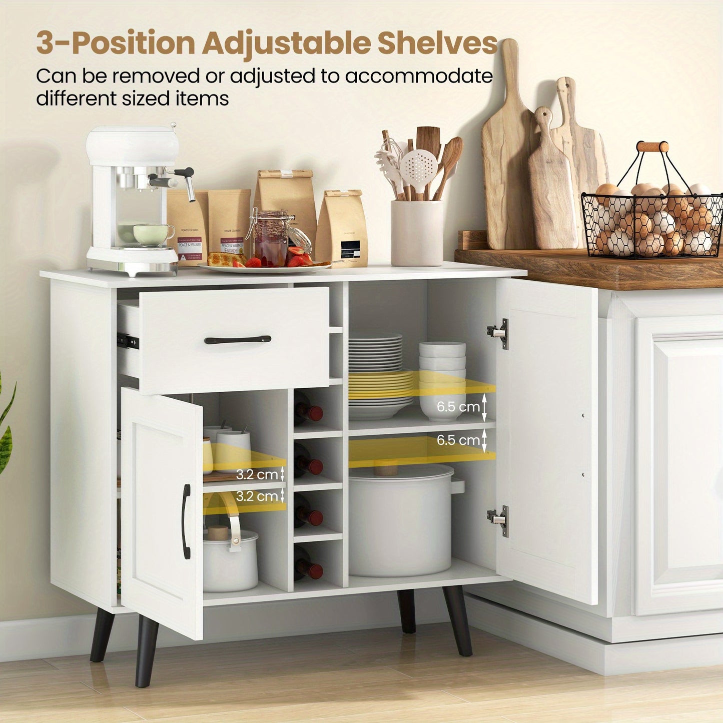 Buffetkast – Sideboard – Dressoir – Opbergkast – Wijnkast – 90x40x79 cm – Verstelbare Planken & Anti-Kantelbeveiliging – Metalen Poten & MDF Wit