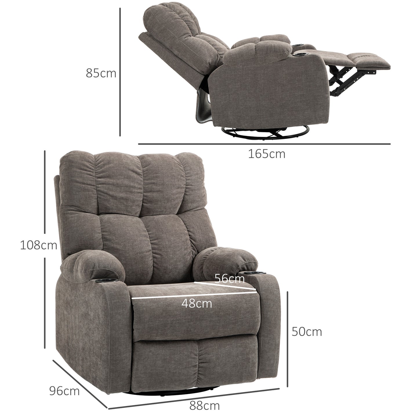 Relaxfauteuil – TV Stoel – Draaifauteuil – Lounge Fauteuil – Schommelstoel – Verstelbare Rugleuning 135° – Met Voetensteun en Bekerhouder – Lichtbruin Polyester