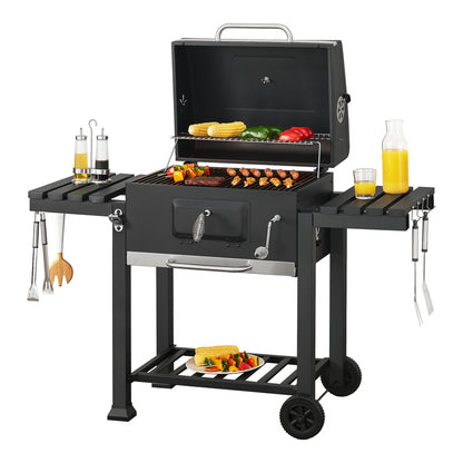 Grillwagen – Barbecuewagen – Houtskoolgrill – Tuingrill – BBQ Trolley – Ruime Grilloppervlakte 105x114x47,5 cm – Ingebouwde Thermometer & Traploze Houtskoolhoogteverstelling