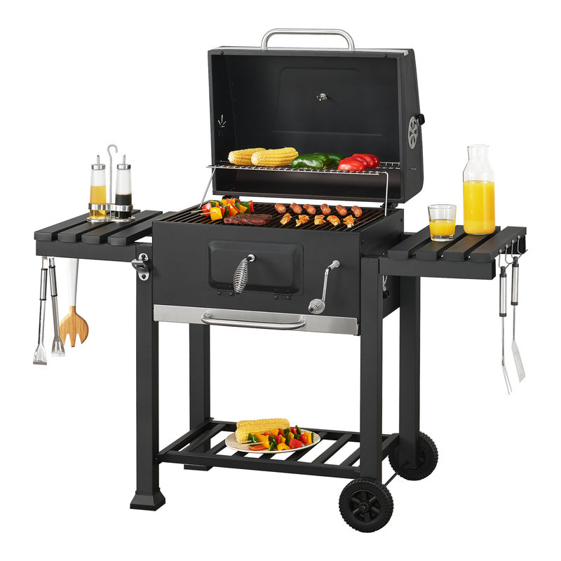 Grillwagen – Houtskoolbarbecue – Barbecuewagen – Tuingrill – BBQ Trolley – Zwart – Groot Grilloppervlak – Ingebouwde Thermometer