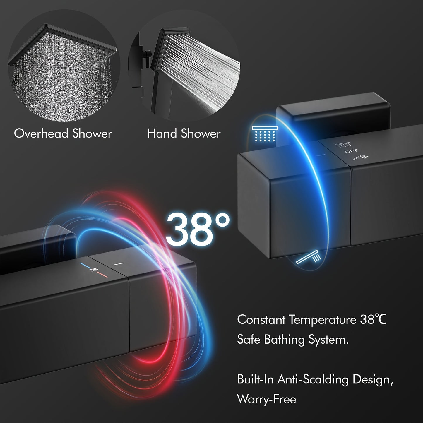 Thermostatic Shower System with Rainfall Shower Head & Handheld Spray - 38°C Precise Temperature Control, Stainless Steel Modern Wall-Mounted Shower Column, Battery-Free & Easy Installation, Thermostatic Valve for Spa-Like B