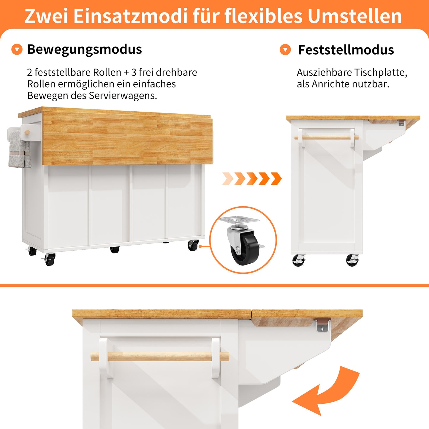 Keukeneiland – Keukenwagen – Serveerwagen – Buffetkast – Eettafel – Verstelbare Planken – Verrijdbaar Met Remmen – 140x73x93,5 cm – MDF & Veiligheidsglas