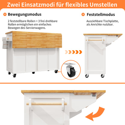 Keukeneiland – Keukenwagen – Serveerwagen – Buffetkast – Eettafel – Verstelbare Planken – Verrijdbaar Met Remmen – 140x73x93,5 cm – MDF & Veiligheidsglas