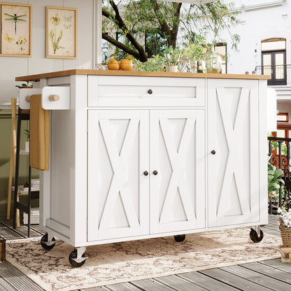 White Wheeled Mobile Kitchen Island Cart with Cupboards & Crockery Cabinet - Adjustable Shelves, 3 Doors/1 Drawer, Spice Rack & Towel Rail - Heavy-Duty Pull-Out Storage Unit (99x70(40)x90cm), Assembly Required for Small Space