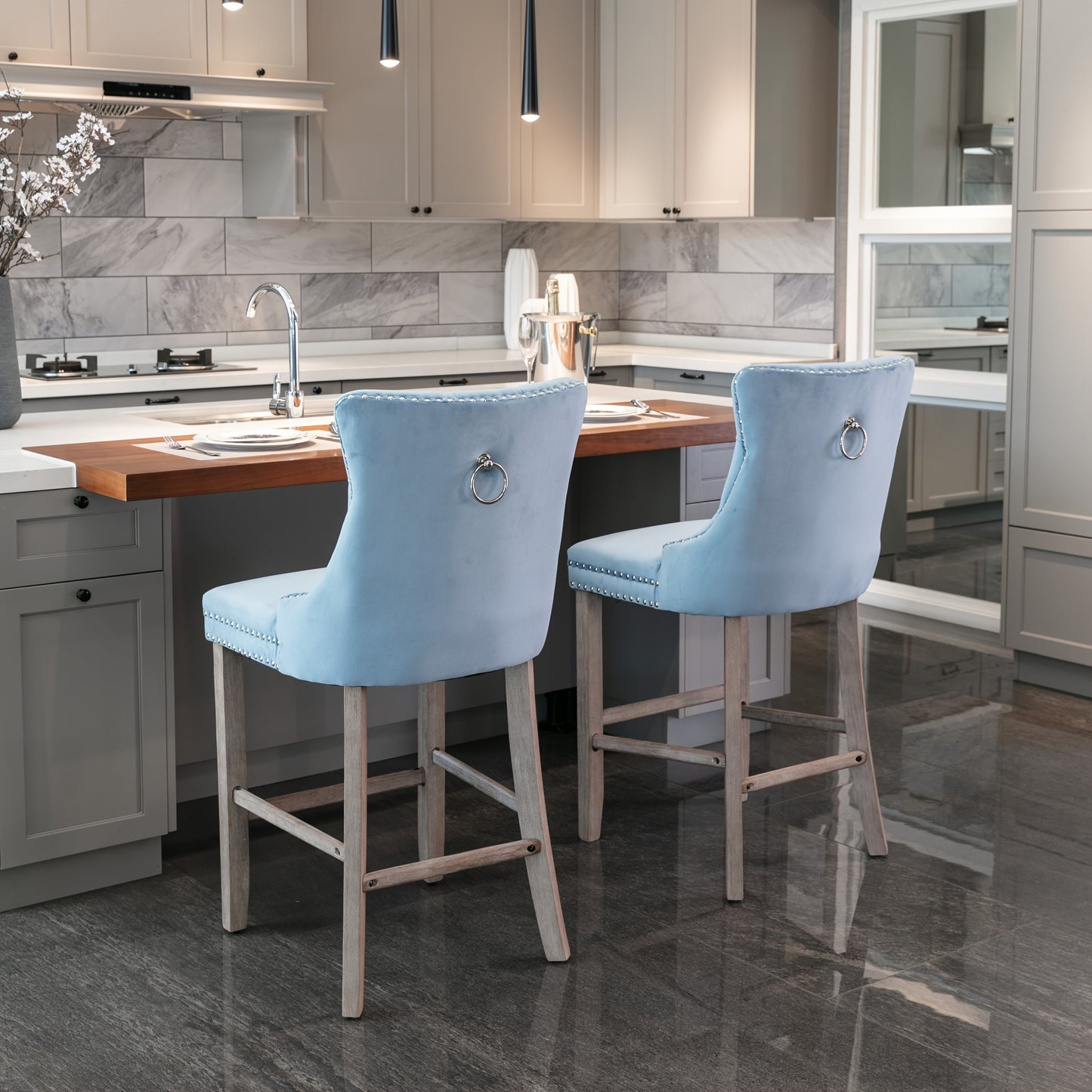 Barkrukken – Krukken – Barkruk Set – Barstoelen – Keukenstoelen – Lichtblauw – Zachte Gevoerde Zitting – Button-Tufted Rugleuning – Chrome Nagelrand – Duurzaam & Comfortabel