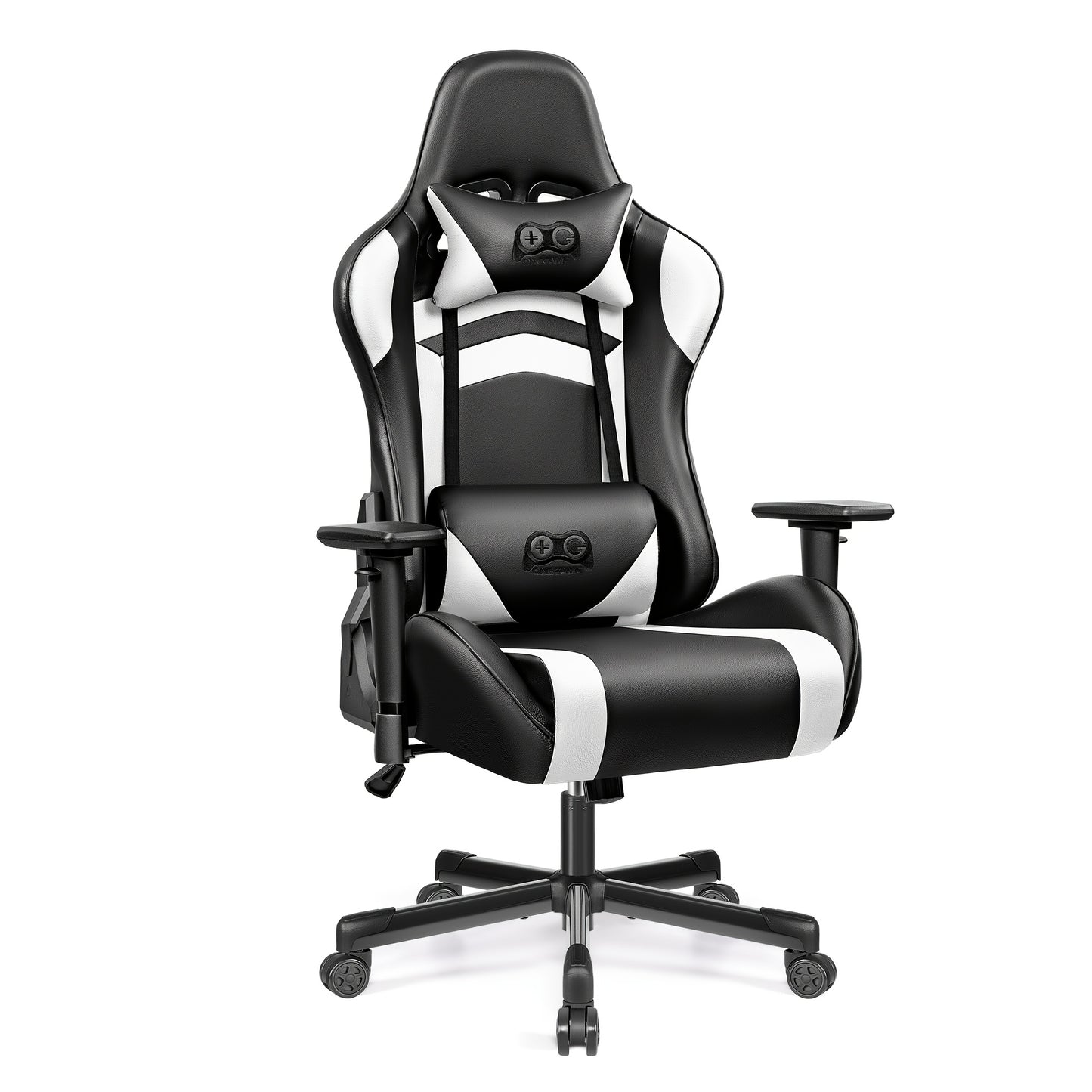 Gaming Stoel – Gaming Chair – Gamestoel – Bureaustoel – Racestoel – Ergonomisch Design – PU-Leder Bekleding – Verstelbare Rugleuning & 3D Armleuningen – Inclusief Lenden- en Nekkussen – Zwart Wit Variant