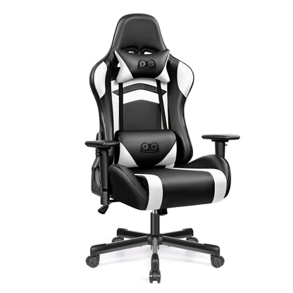 Gaming Stoel – Gaming Chair – Gamestoel – Bureaustoel – Racestoel – Ergonomisch Design – PU-Leder Bekleding – Verstelbare Rugleuning & 3D Armleuningen – Inclusief Lenden- en Nekkussen – Zwart Wit Variant
