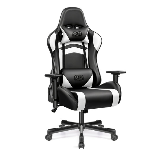 Gaming Stoel – Gaming Chair – Gamestoel – Bureaustoel – Racestoel – Ergonomisch Design – PU-Leder Bekleding – Verstelbare Rugleuning & 3D Armleuningen – Inclusief Lenden- en Nekkussen – Zwart Wit Variant