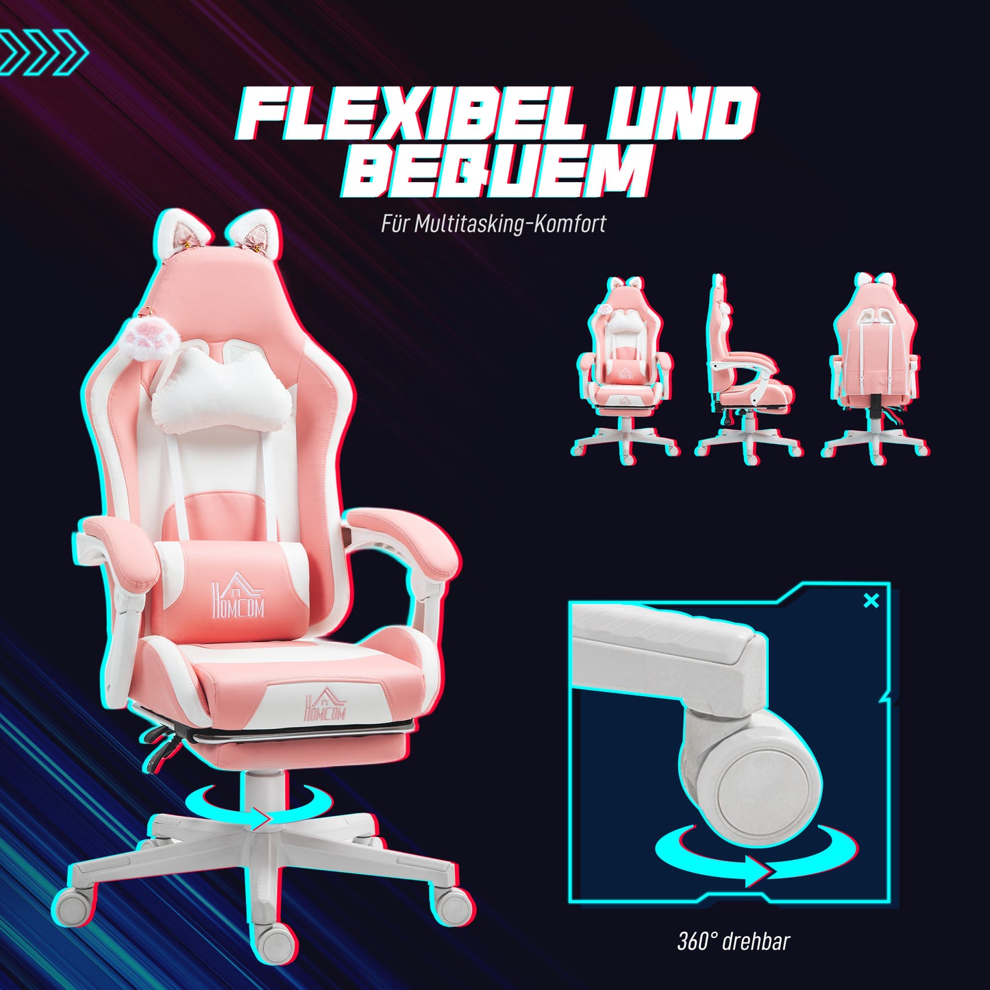 Gamingstoel – Gamestoel – Gaming Chair – Game Stoel – Gamestoel Met Kattenoortjes – Verstelbare Rugleuning – Inklapbare Voetensteun – Max. 120 kg – Roze/Wit