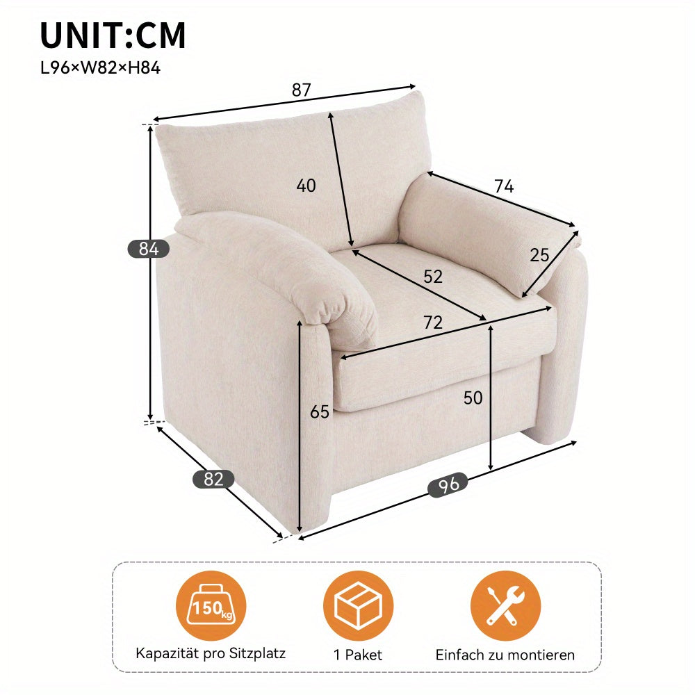 Loungechair – Fauteuil – Zitzak – Accentstoel – Relaxstoel – Oversized Design – Chenille Stof – Gepolsterde Armleuningen – Eenvoudige Montage – Wit