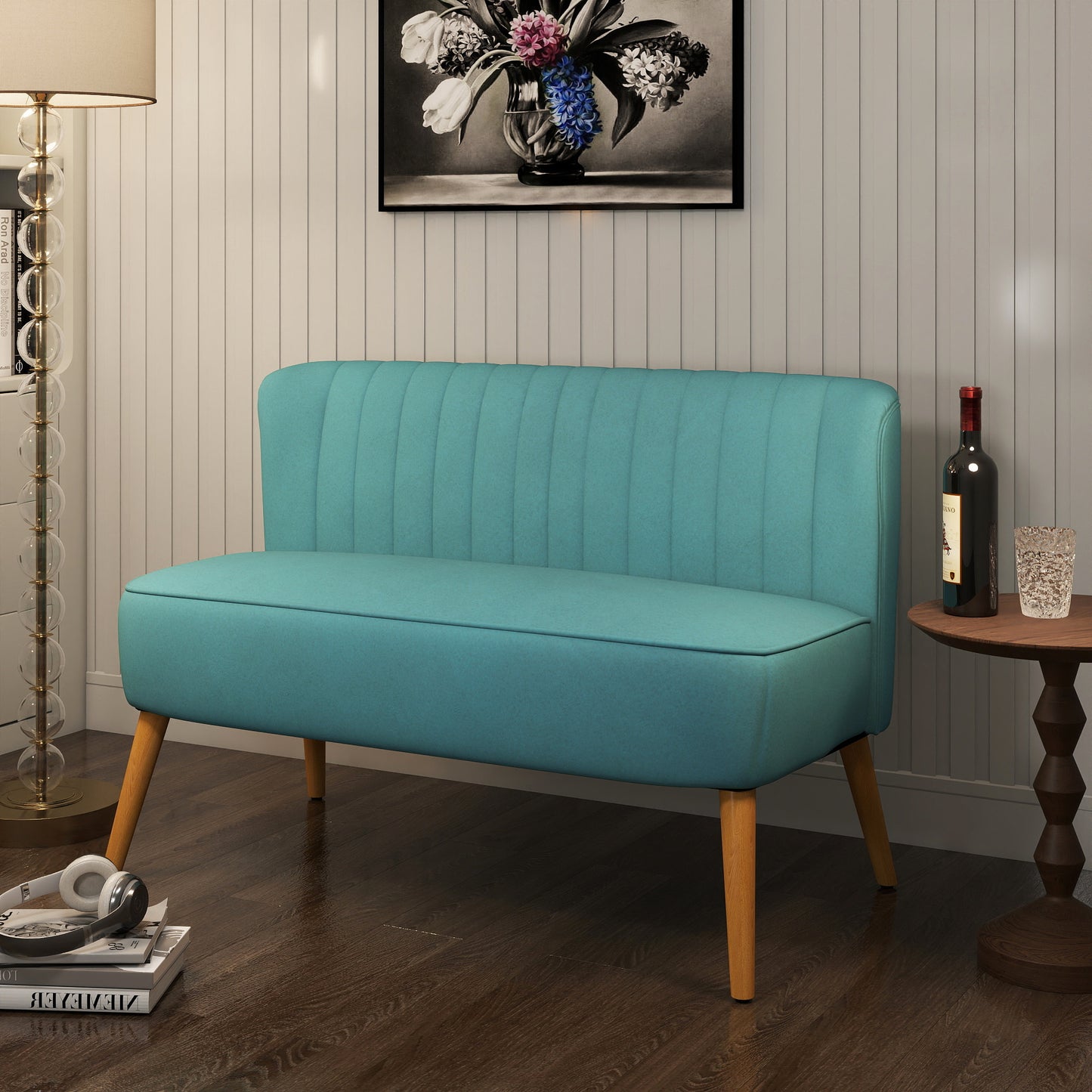 2-zitsbank – Tweezitsbank – Sofa – Zitbank – Linnen Bank – Retro Design – Houten Poten – 117x56,5x77 cm – Groen