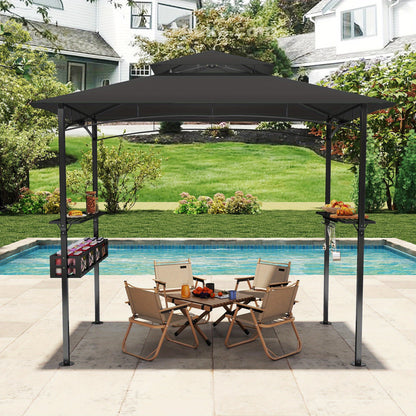 Barbecueoverkapping – Grillpaviljoen – BBQ Shelter – Terrasoverkapping – Barbecuetent – Beige Polyester – Met Dubbel Dak en Metalen Frame – Inclusief Zijplanken en Opbergmand met Haken