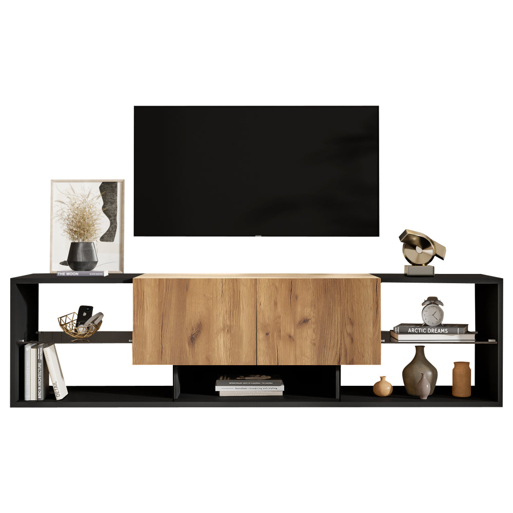 Three-tier TV Stand | Suitable for TVs up to 177.8 cm, Modern Style, Glass Top Storage Platform, Two Drawers, Ideal for Living Rooms and Bedrooms, Black, Metal Material