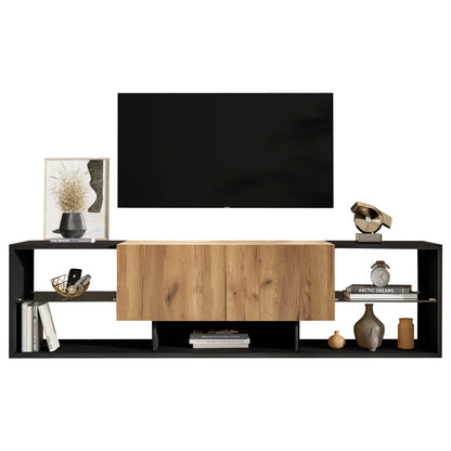 Three-tier TV Stand | Suitable for TVs up to 177.8 cm, Modern Style, Glass Top Storage Platform, Two Drawers, Ideal for Living Rooms and Bedrooms, Black, Metal Material