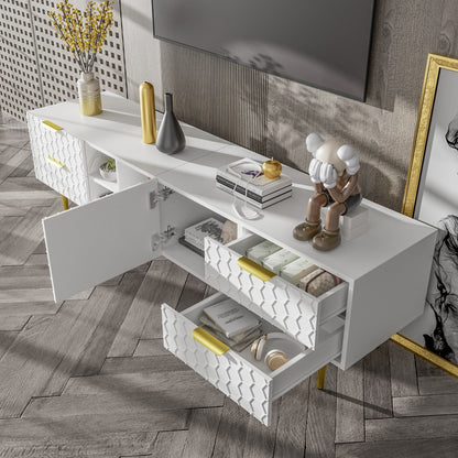 Tv-meubel – Tv-kast – Media Meubel – Entertainment unit – Woonkamermöbel – Wit met Gouden Accenten – Duurzaam Niet-houten Materiaal – Laag Profiel met Veel Opbergruimte