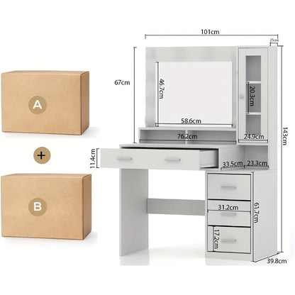 Kaptafel – Make-up Tafel – Opmaaktafel – Schminktafel – Visagie Tafel – Groot Spiegeloppervlak – 5 Laden & Kast – Glasblad – 101x40x143 cm – Vrijstaand – Wit