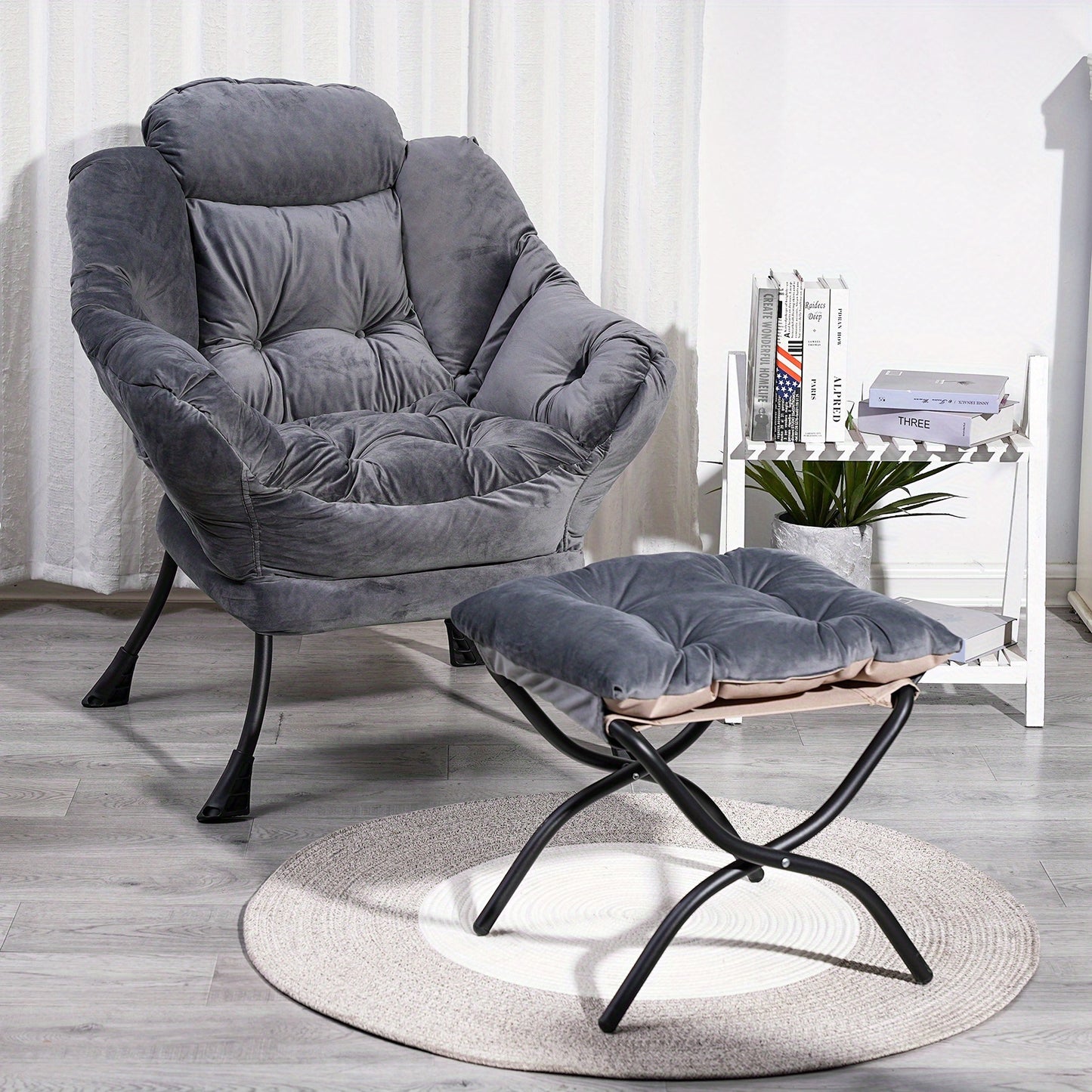 Loungetoel – Loungestoel – Fauteuil – Accentstoel – Met Voetenbank – Lichtgrijs Polyester – Stabiel Metalen Frame