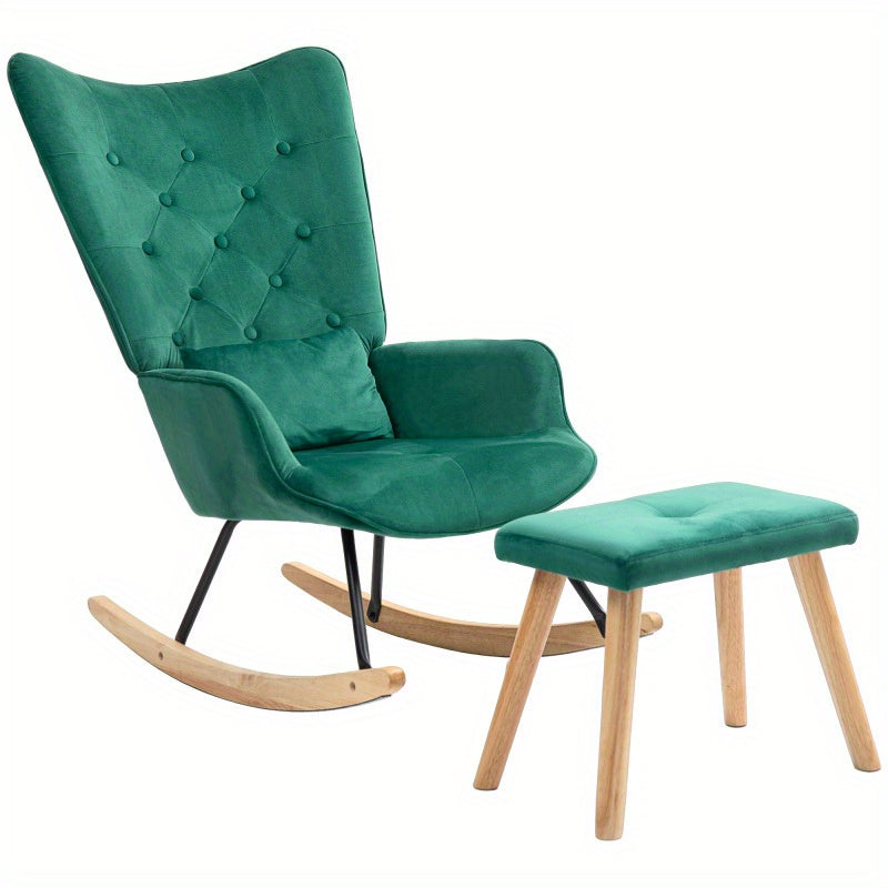 Schommelstoel – Relaxstoel – Schommelstoel Met Voetenbank – Lounge Stoel – Fauteuil – Groen – Fluwelen Bekleding – Houten Poten