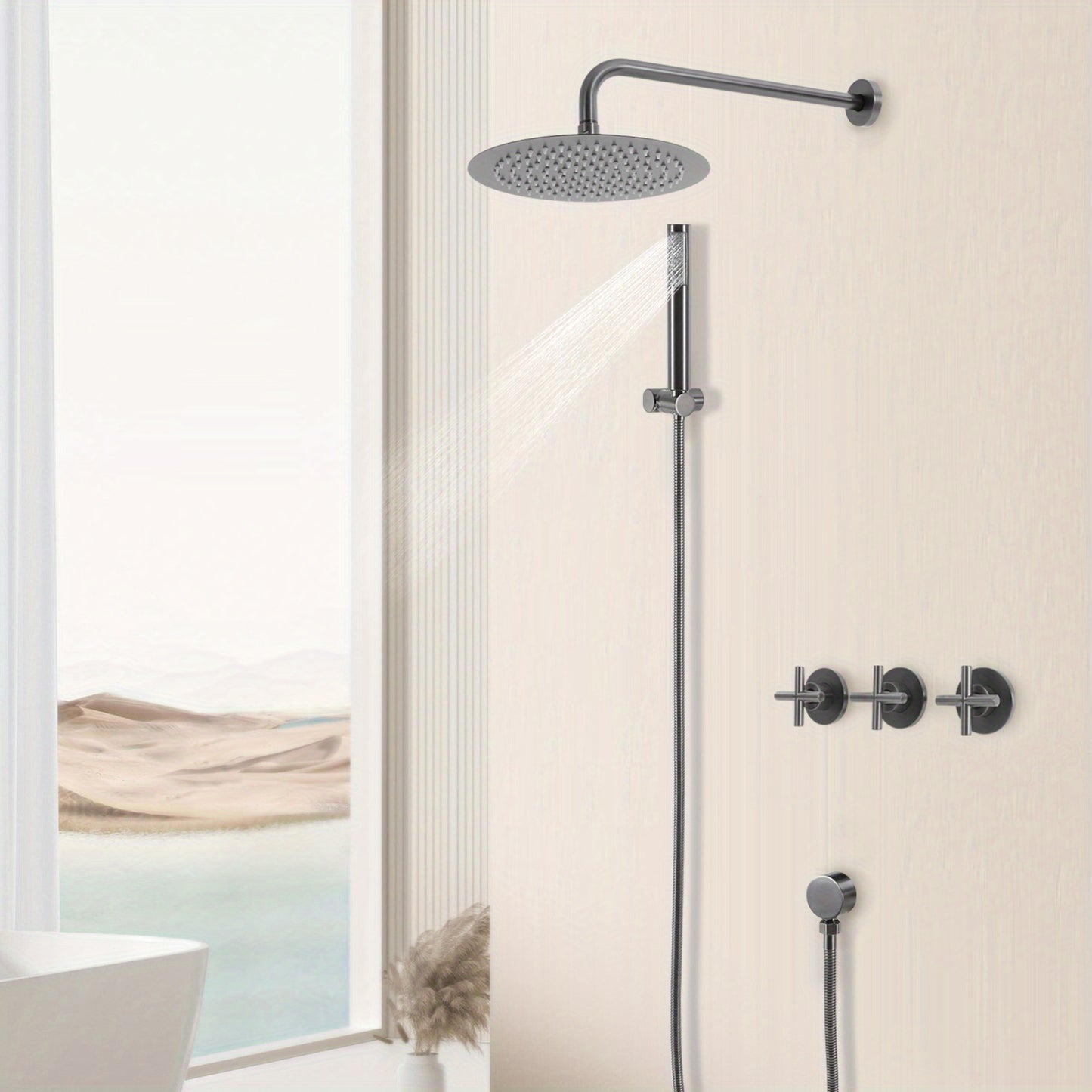 Douchekraan – Douchemengkraan – Doucheset – Thermostaatkraan – Handdouche – RVS – Regendouche 25 cm – Verstelbare Handdouche 45°