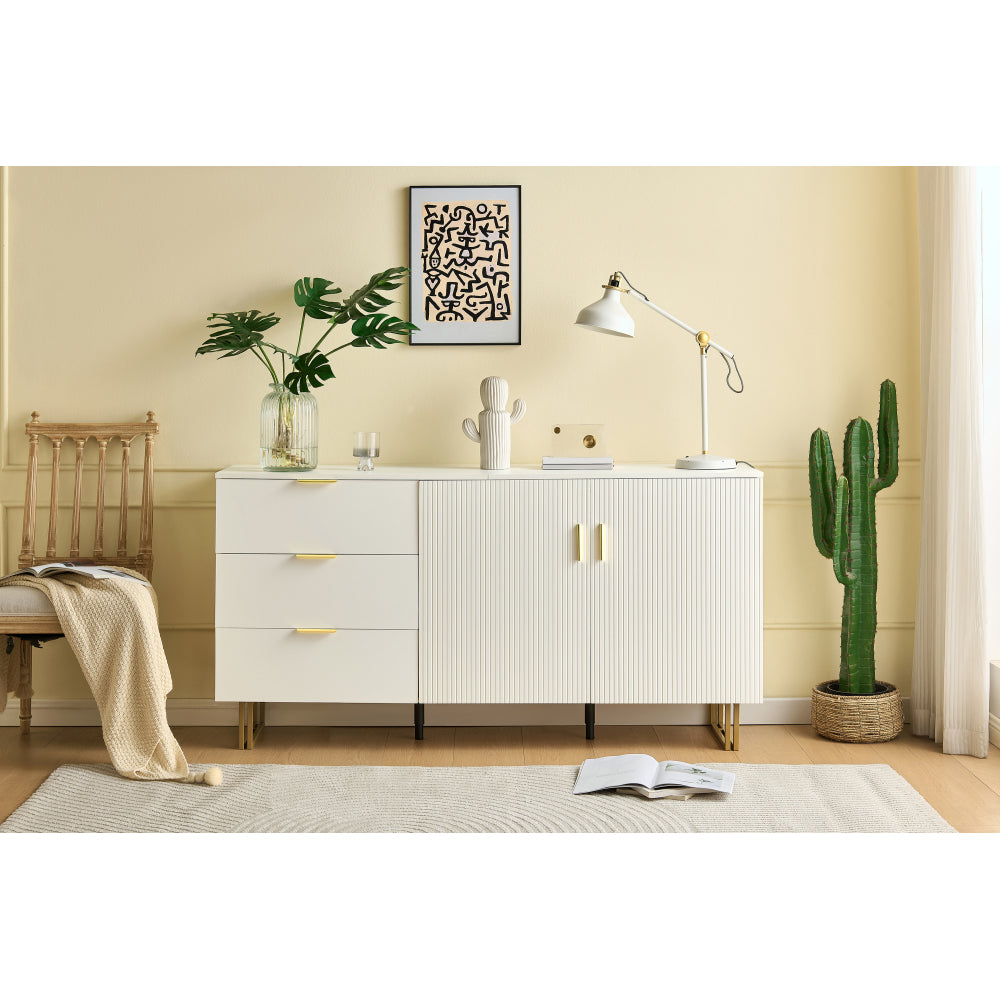 Dressoir – Opbergkast – Ladekast – Buffetkast – Sideboard – Modern Design – MDF Wit – 160 cm – Gouden Handgrepen – Robuuste Stalen Poten