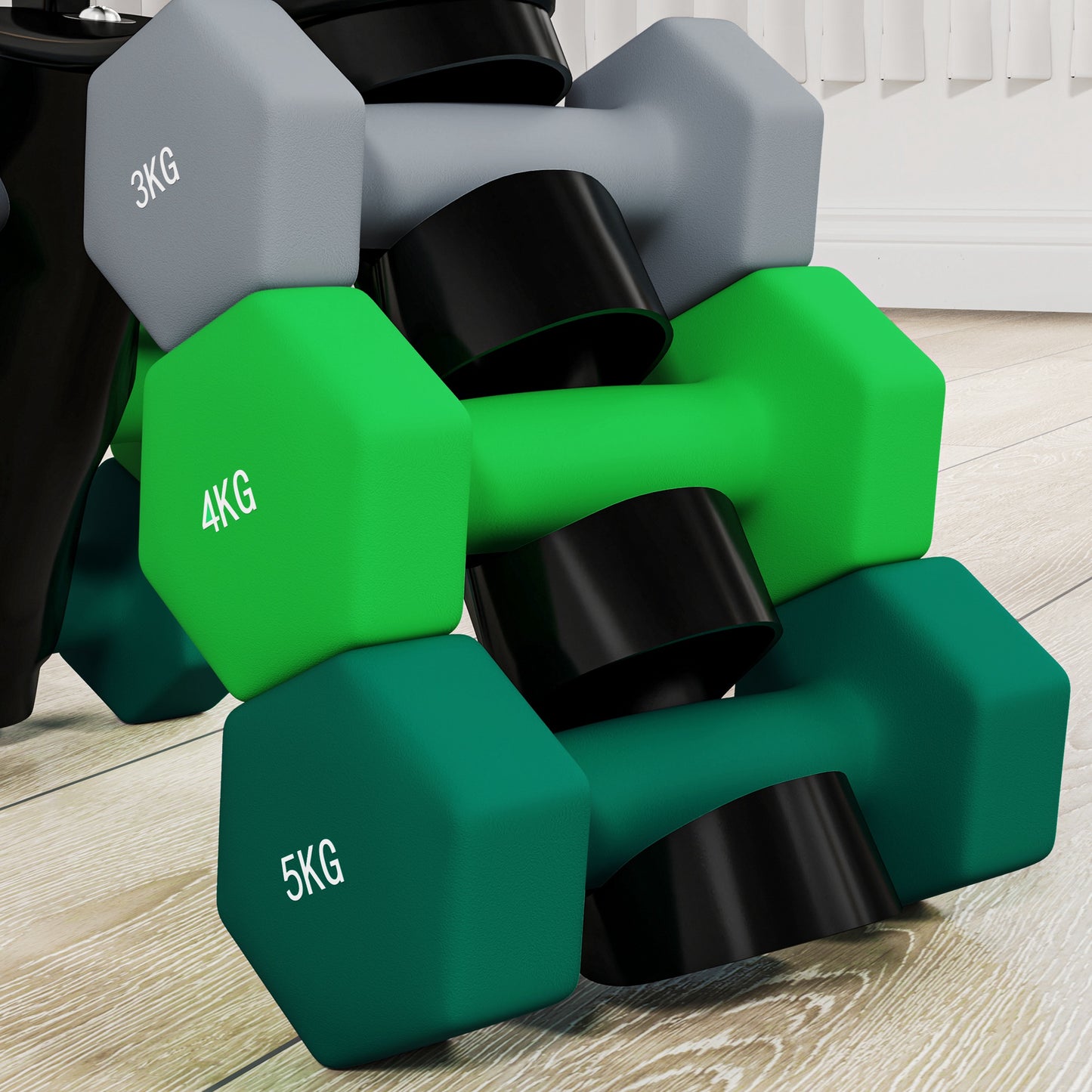Dumbbell Set – Halter Set – Krachttrainingsset – Fitness Gewichten – Home Workout Set – Hexagonale Vorm – Inclusief Compact Opbergrek – Grijs, Groen, Zwart