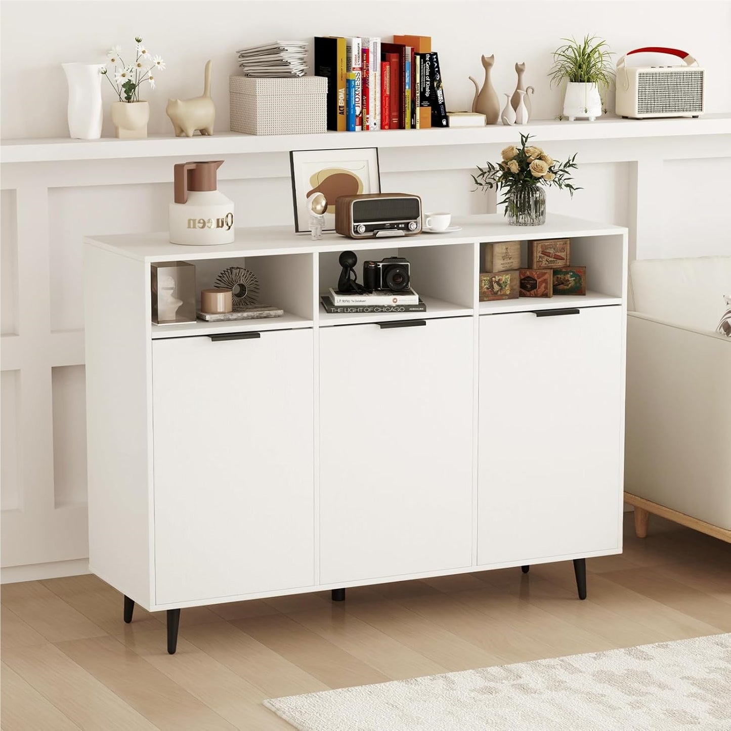 Houten Sideboard – Dressoir – Keukenkast – Opbergkast – Buffetkast – 5 Verstelbare Planken – Wit 120x40x90 cm